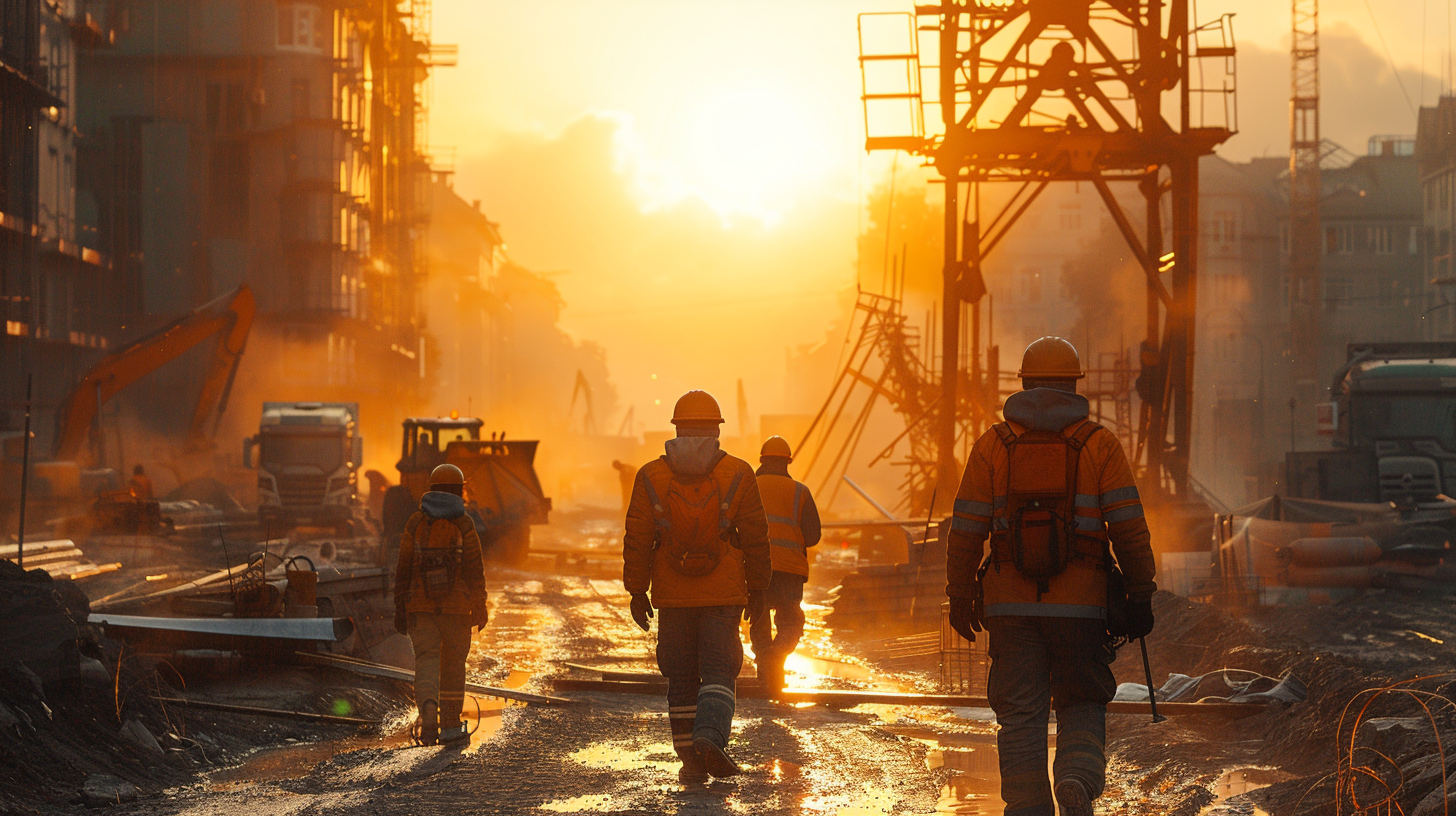 Construction workers in hyper realistic morning setting