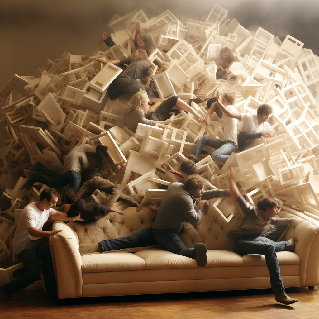 Men constructing sofa with motion blur