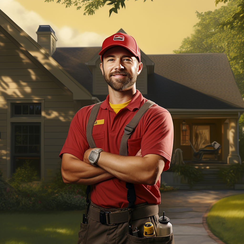 Professional construction painter in yellow clothing and red cap