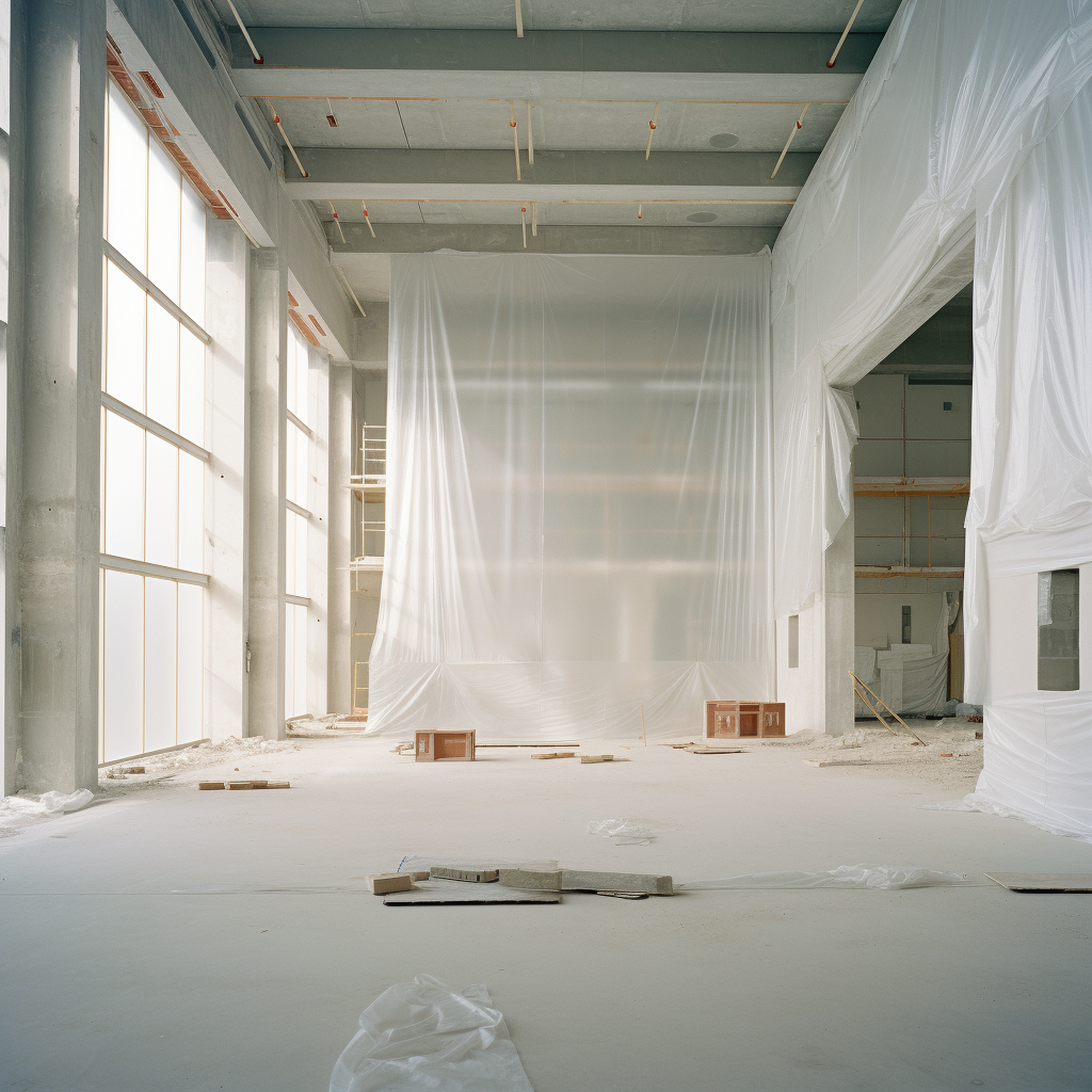 Construction site wrapped in white fabric