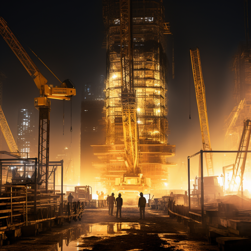 Nighttime Construction Skyscraper with Yellow Light