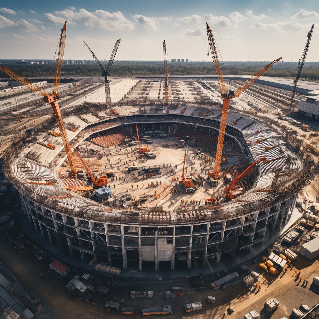 Aerial view of construction workers at football stadium