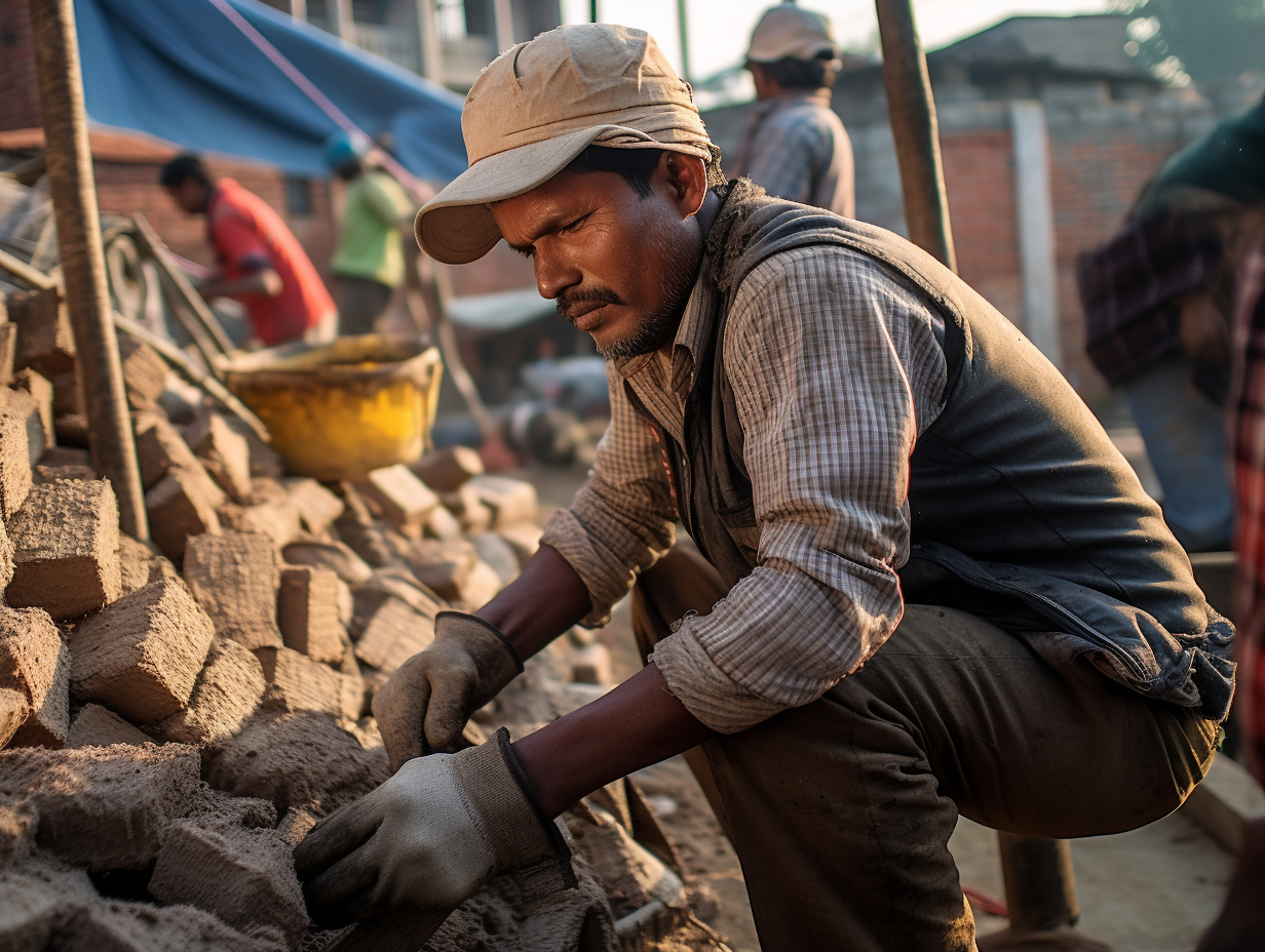 Hardworking auxiliary worker at construction site