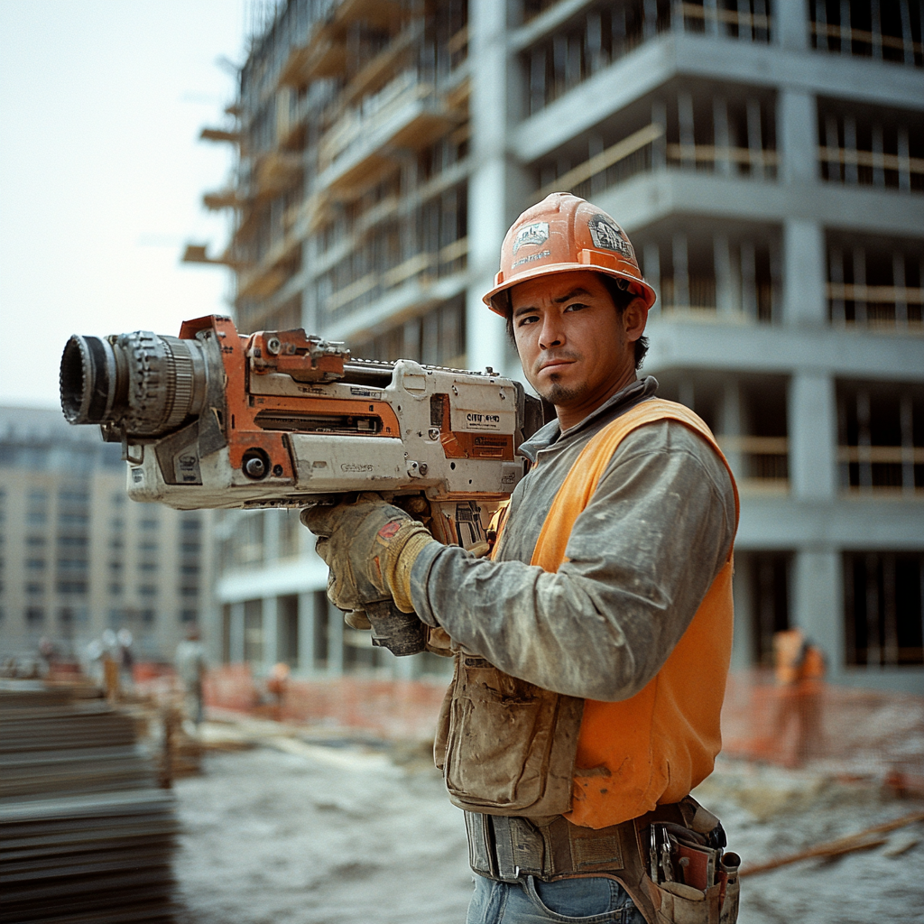 Construction worker with nailgun at construction site