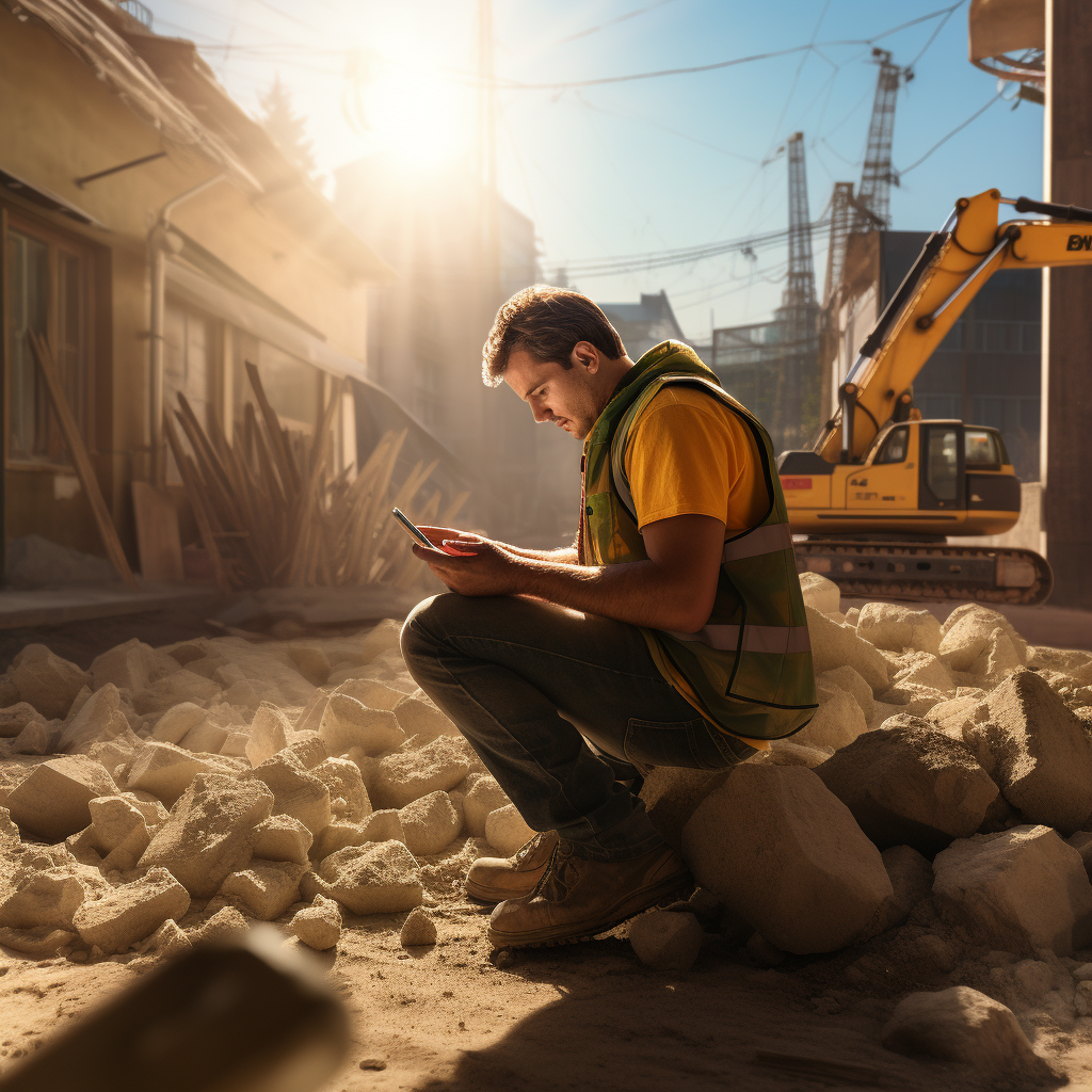 Construction worker checking phone on sunny day