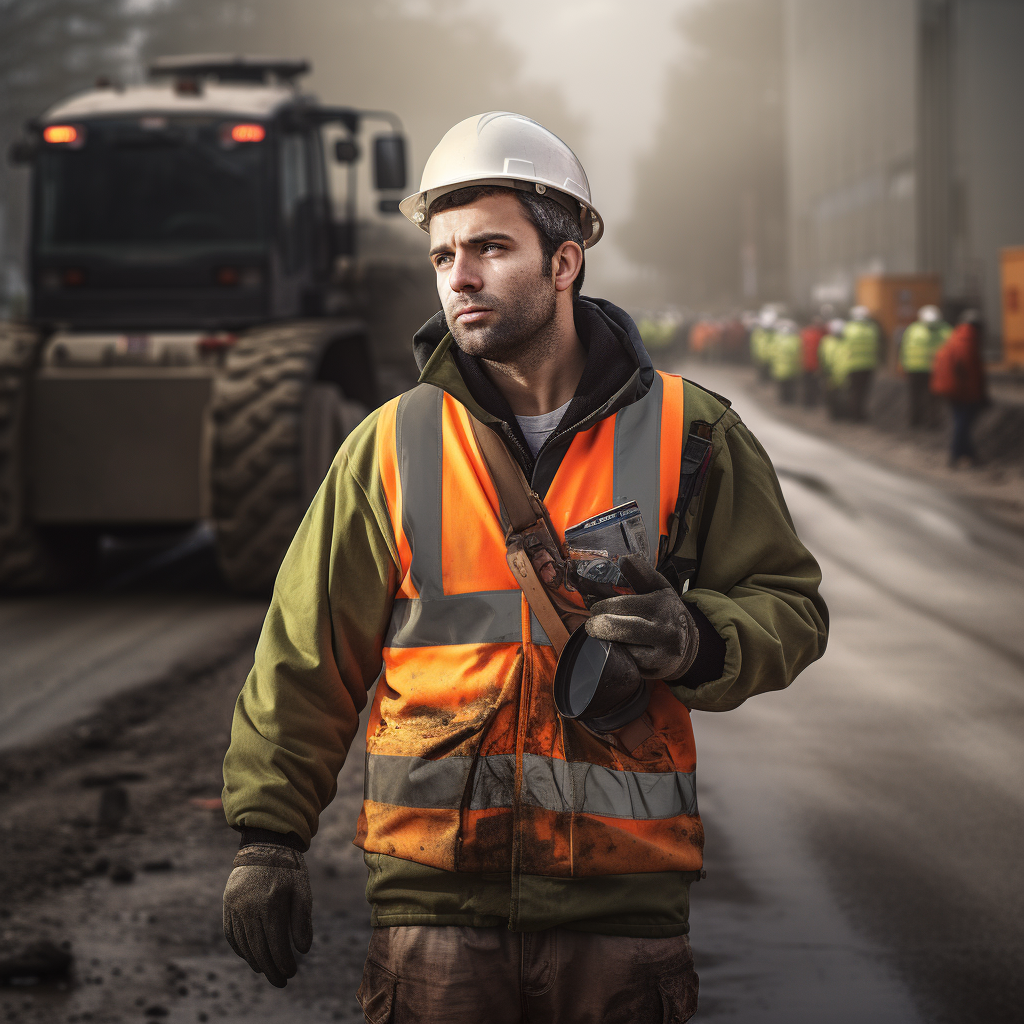 Construction Worker on Road Taking Photos