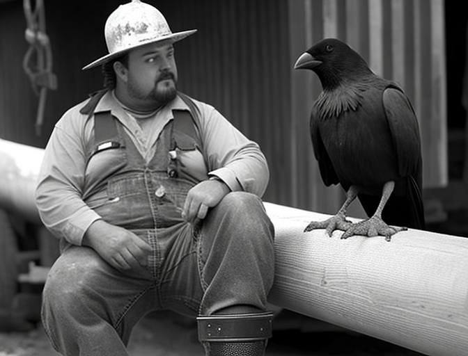 Construction worker with talking crow on steel beam