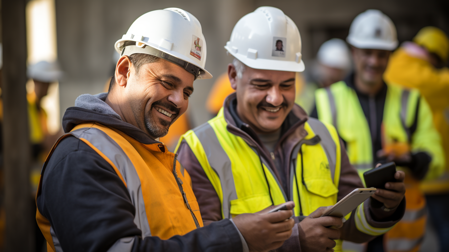 Construction Workers Checking Smartphones and Tablets