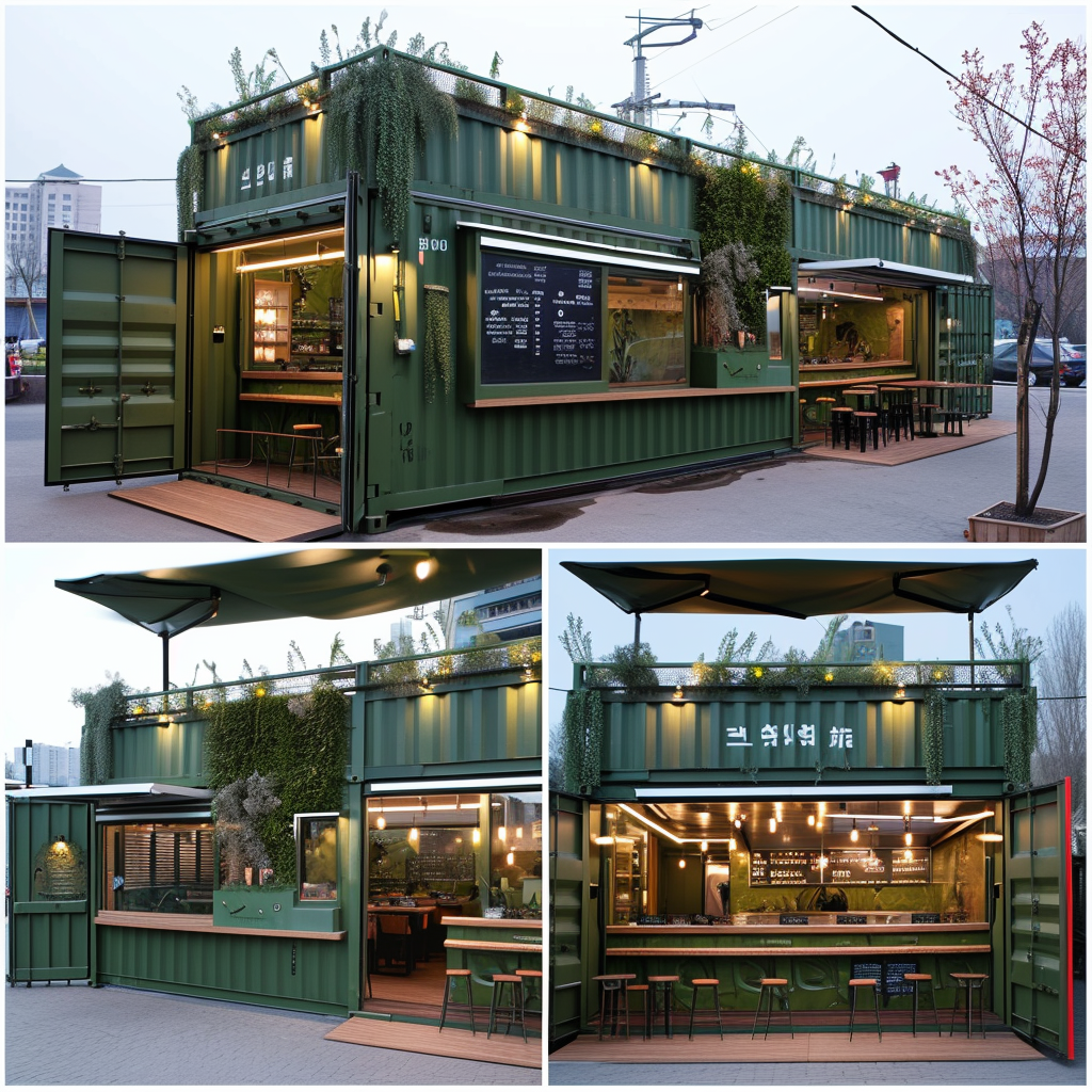 Container restaurants with military green design