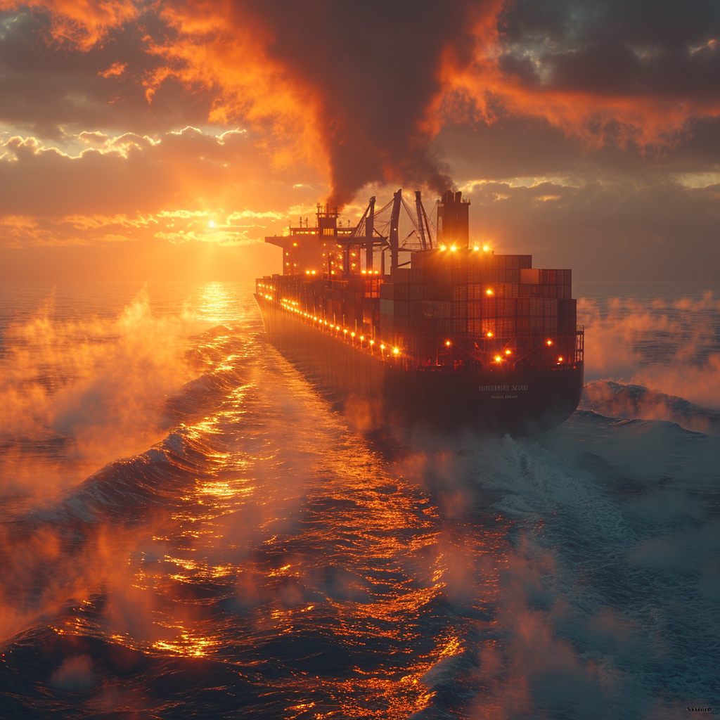 Container ship in morning mist sunshine