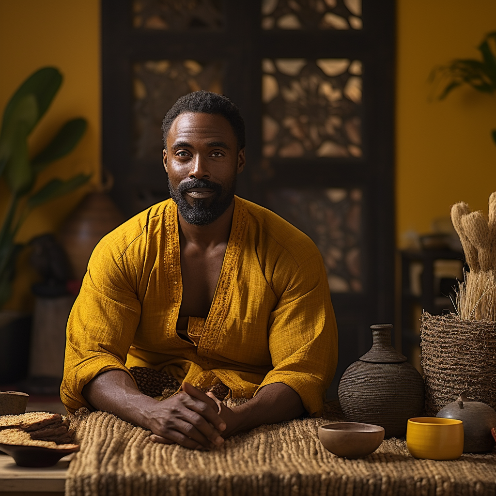 Contemplative black man in earthy atmosphere