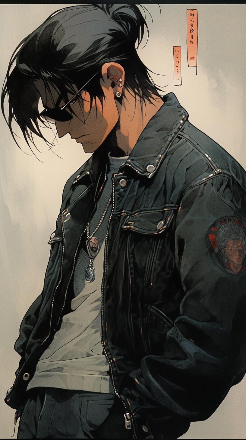 Contemplative man in jeans and leather jacket with aviator sunglasses