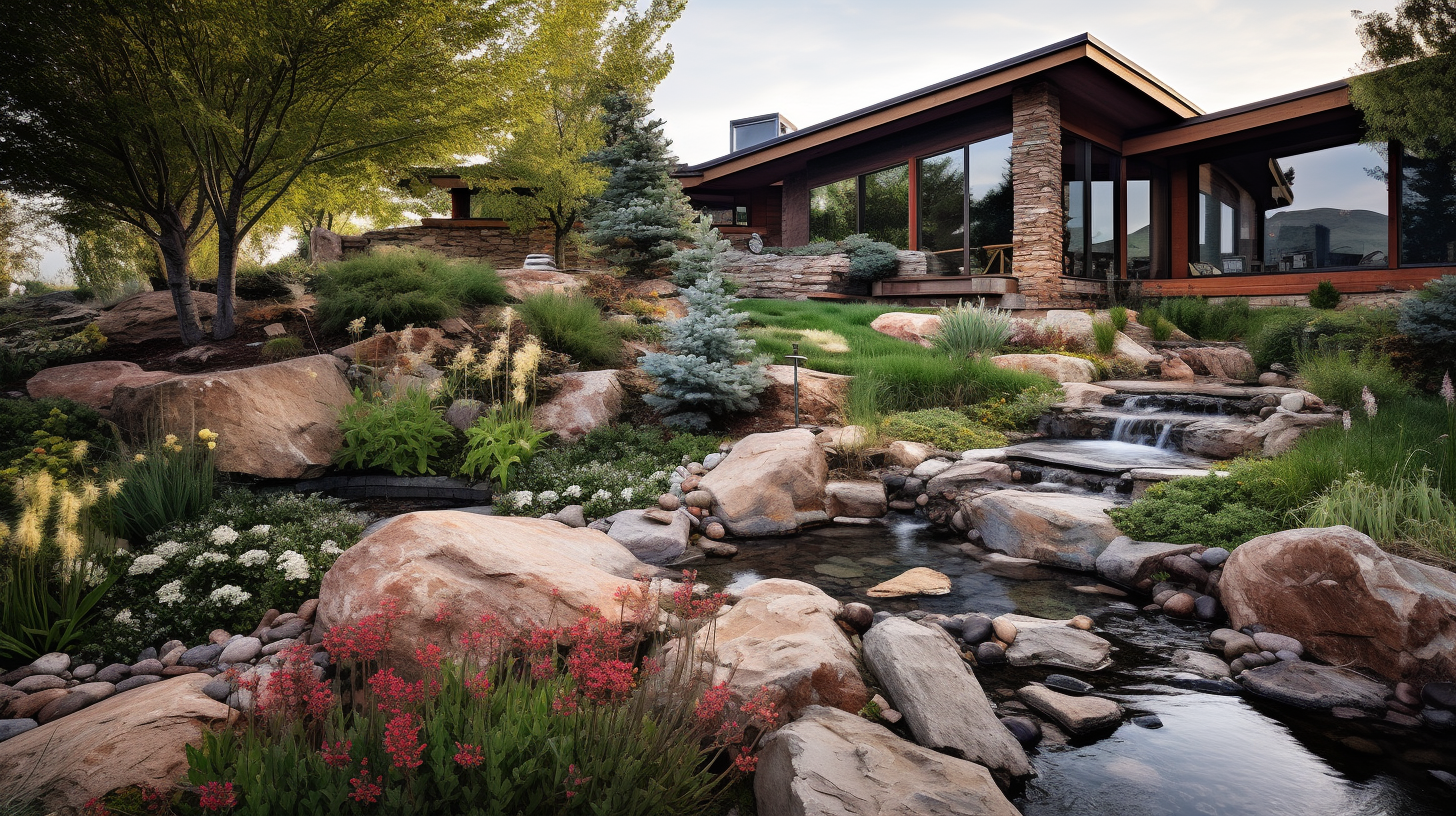 Beautiful backyard garden with quartzite rocks