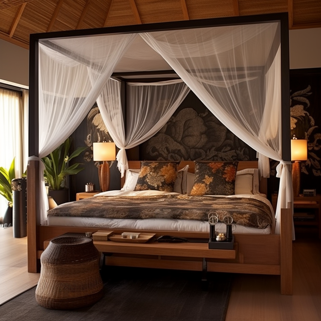 Contemporary Balinese Bedroom with Canopy Bed and Artwork