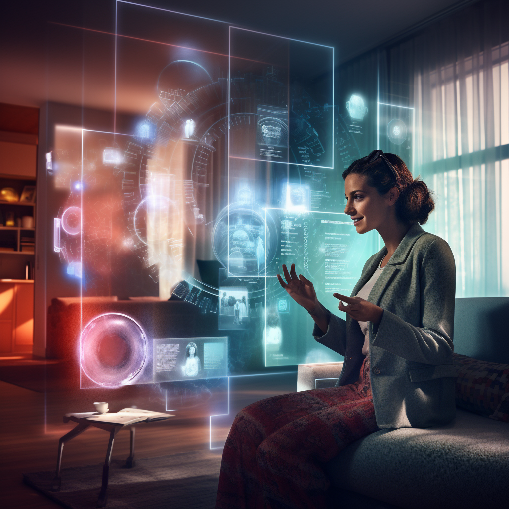 Hotel room with young traveler interacting with holographic interface