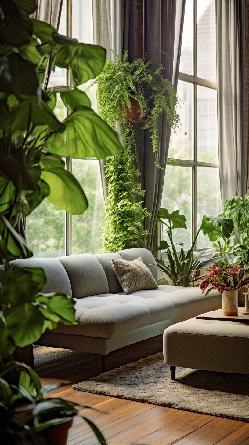 Lush green plants in contemporary living room