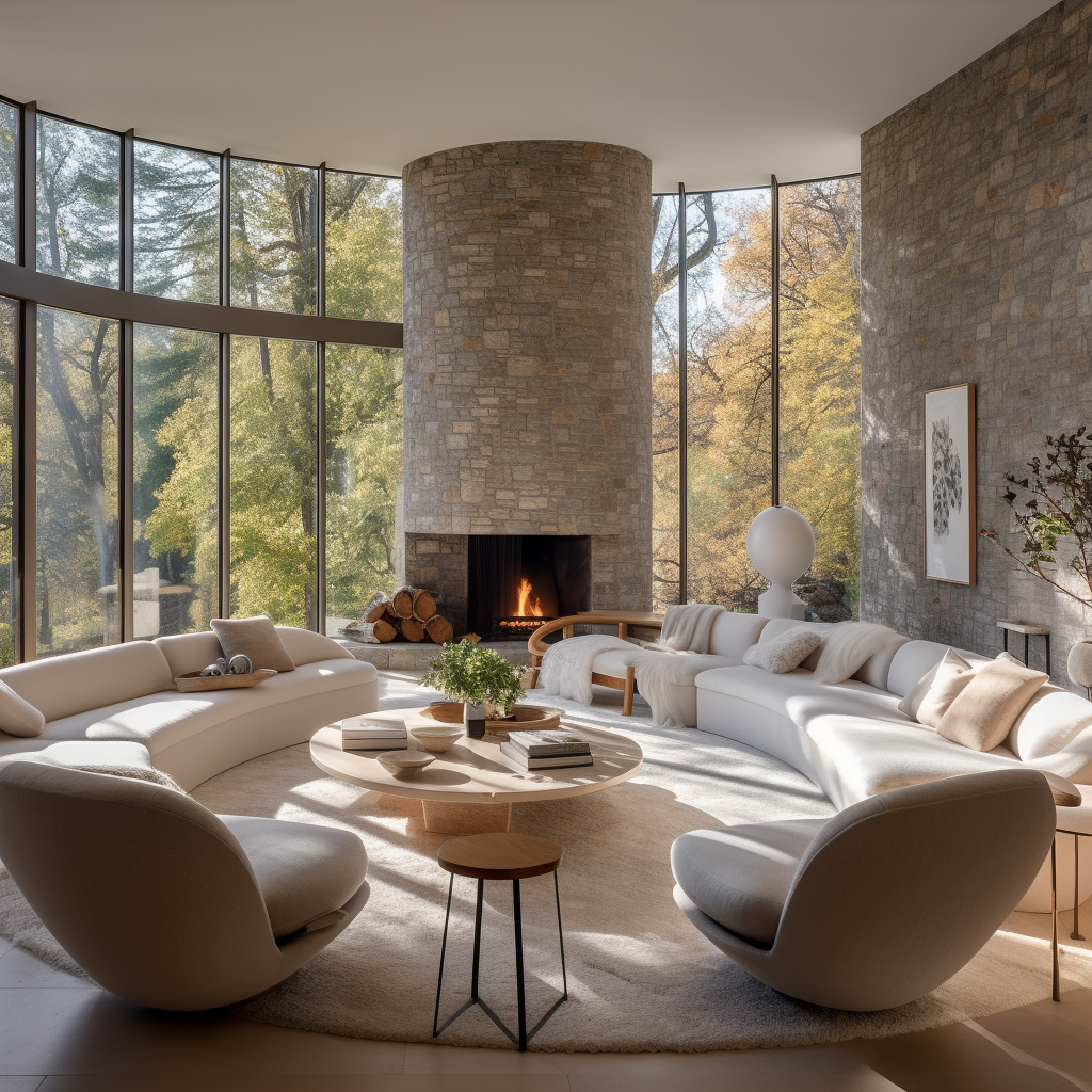 Contemporary living space with fireplace and natural light