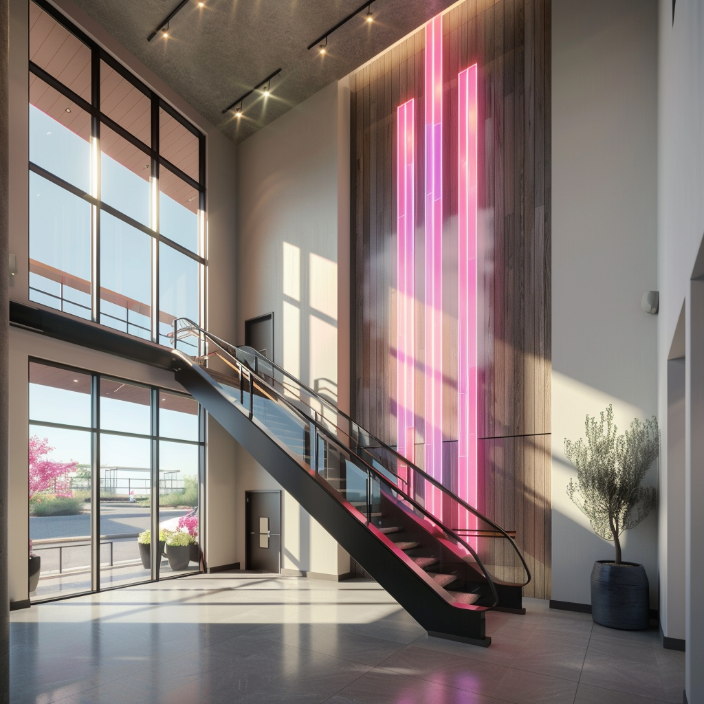 Contemporary lobby with stairs and escalator