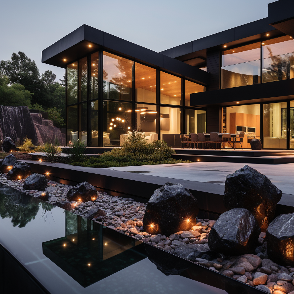 Contemporary modern house with black decorative rocks