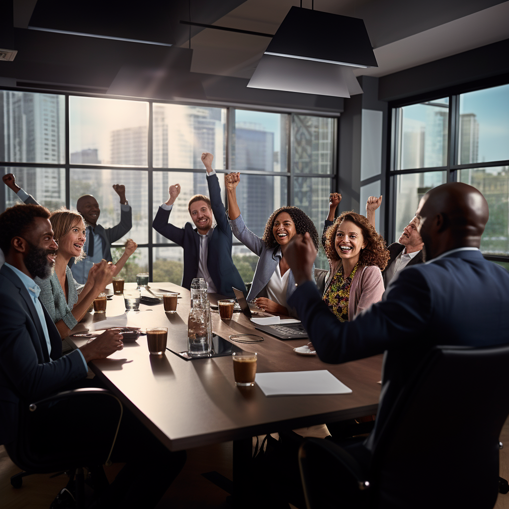 Diverse professionals celebrating successful office meeting