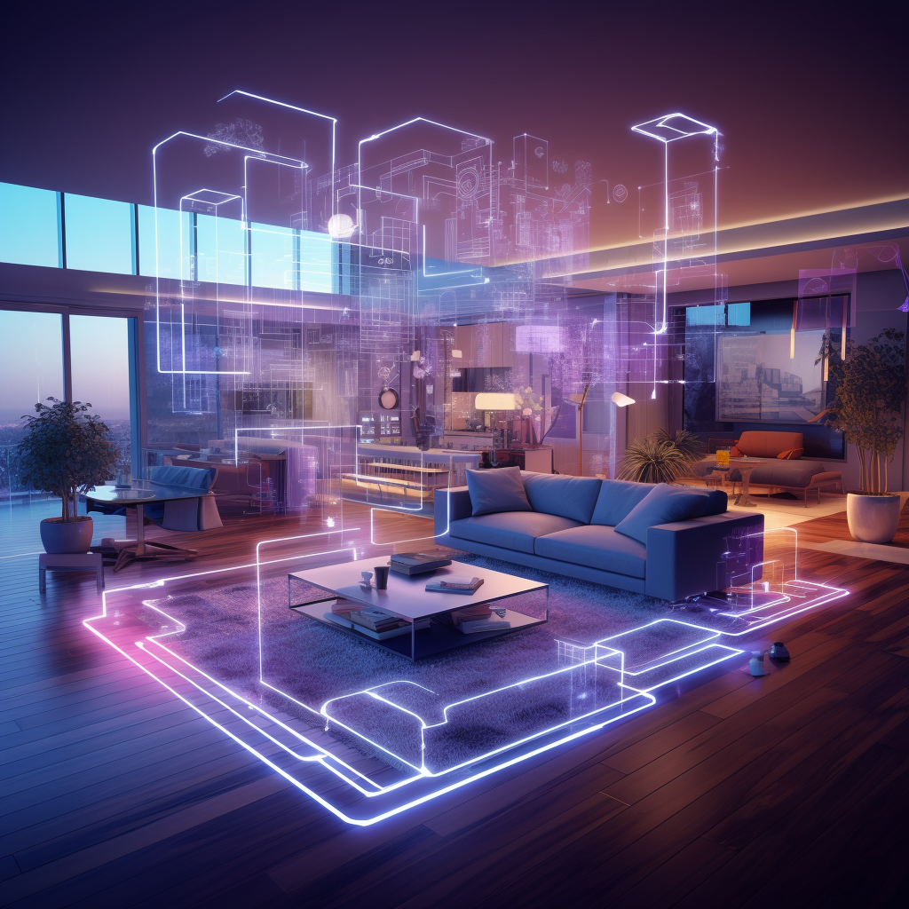 Floorplan gridlines in contemporary open concept living room