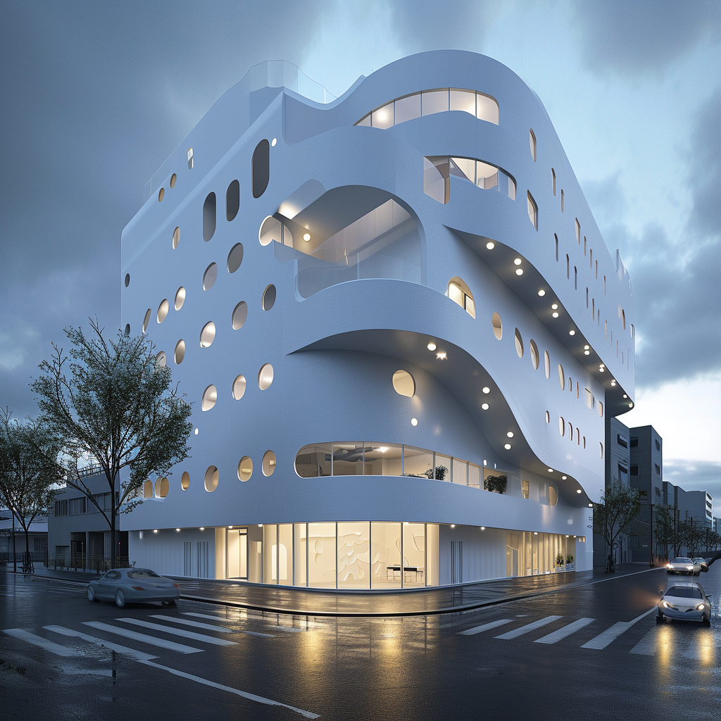 Minimal Contemporary Parametric Japanese White Building in Evening Tokyo