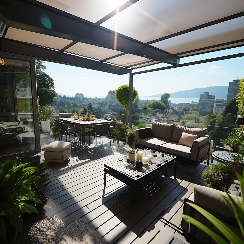 Contemporary-styled residence open patio terrace with vertical roller terrace awning