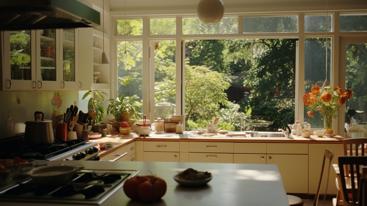 Modern suburban kitchen with Sofia Coppola film aesthetic