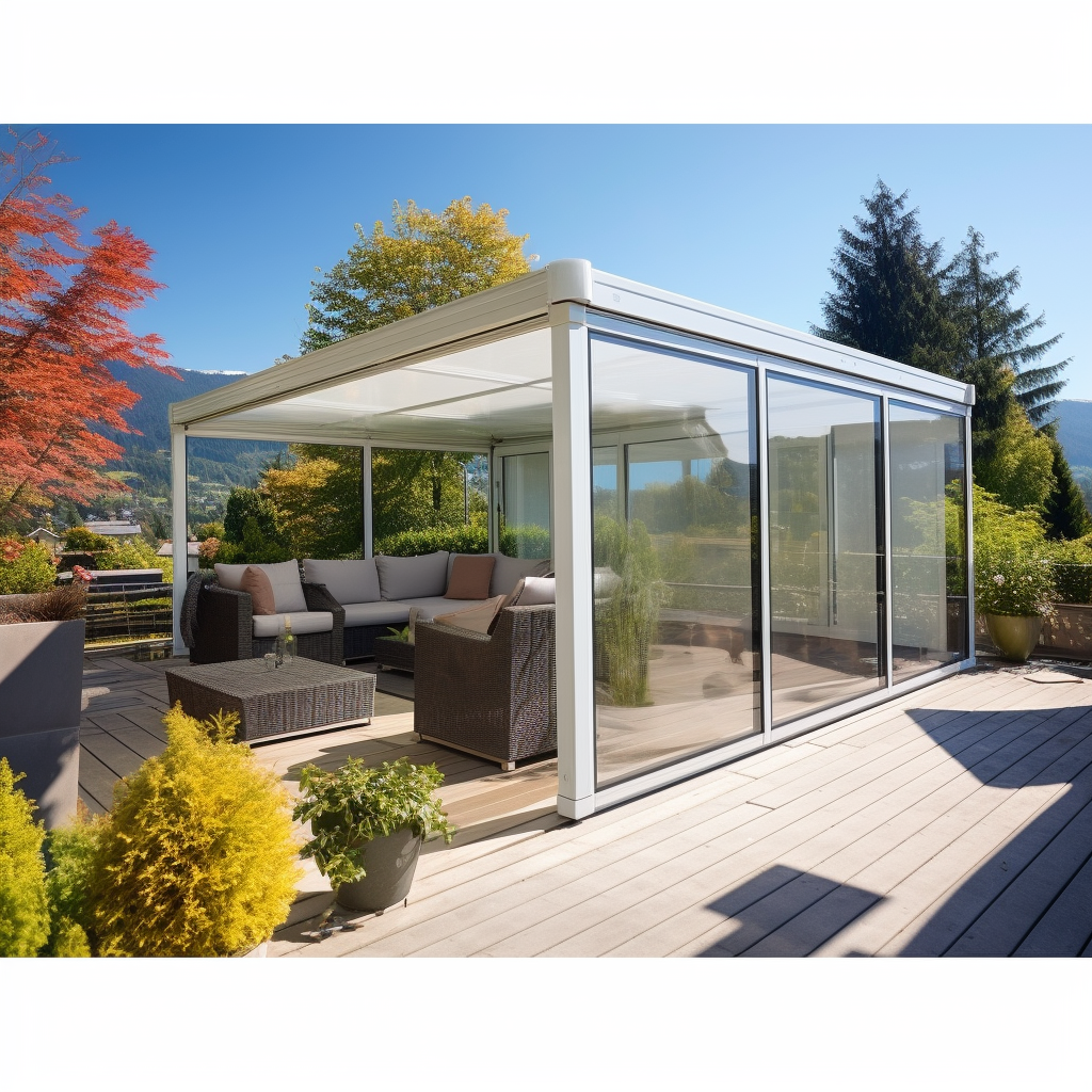 Contemporary-styled open patio terrace with roller terrace awning