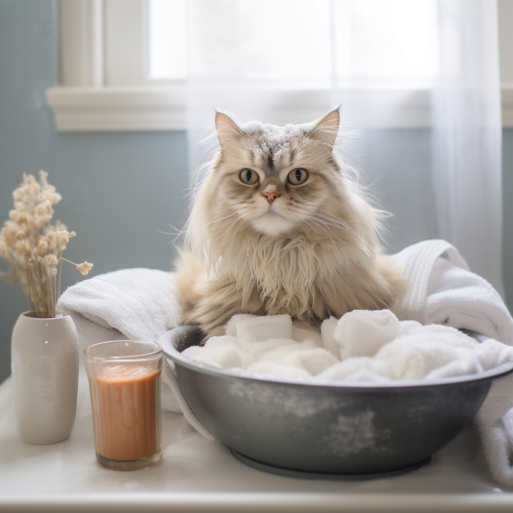 Happy cat enjoying waterless shampoo session