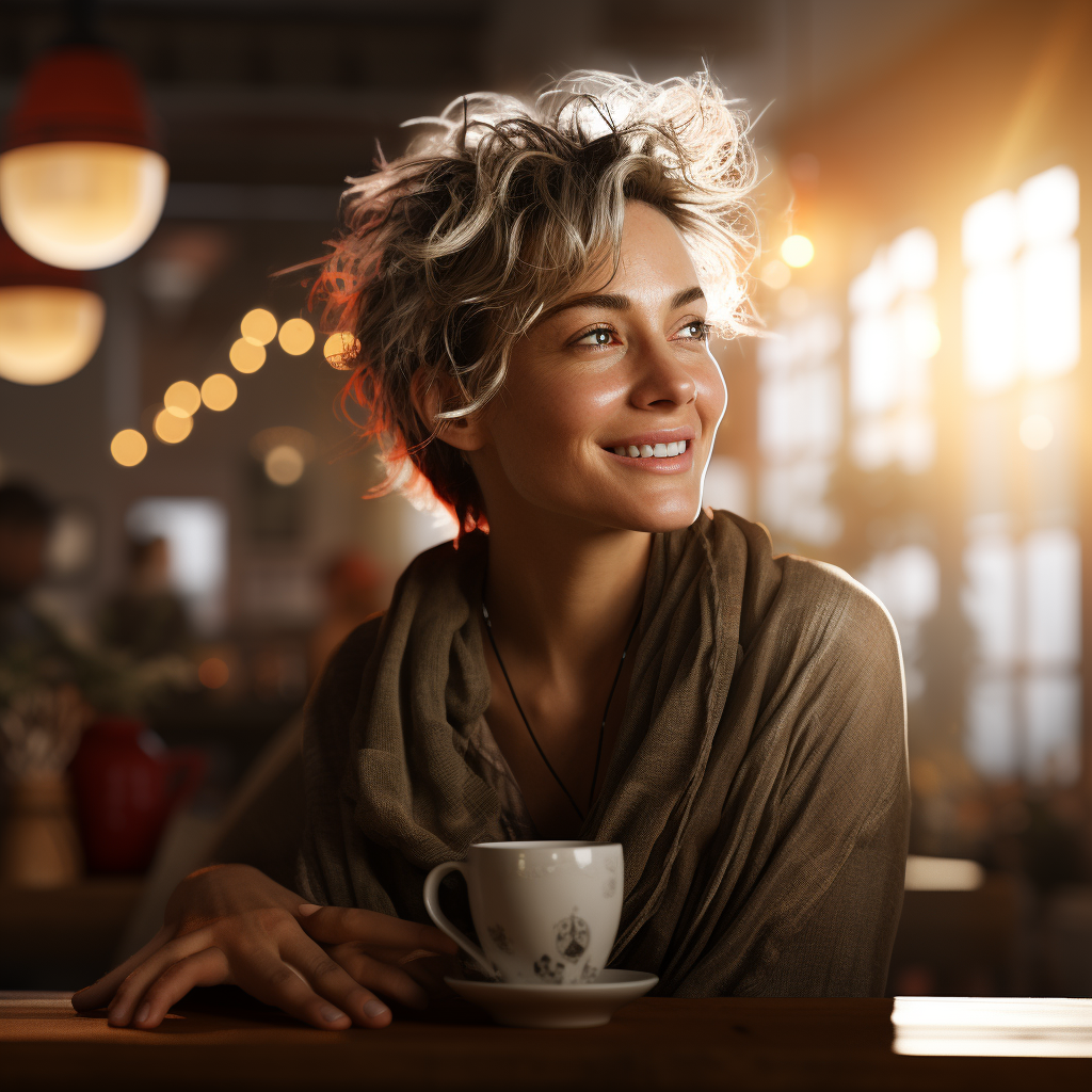 Middle-aged woman sipping coffee with contentment