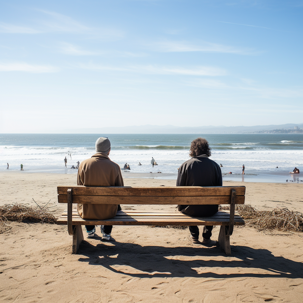 Two strangers conversing on a beach bench