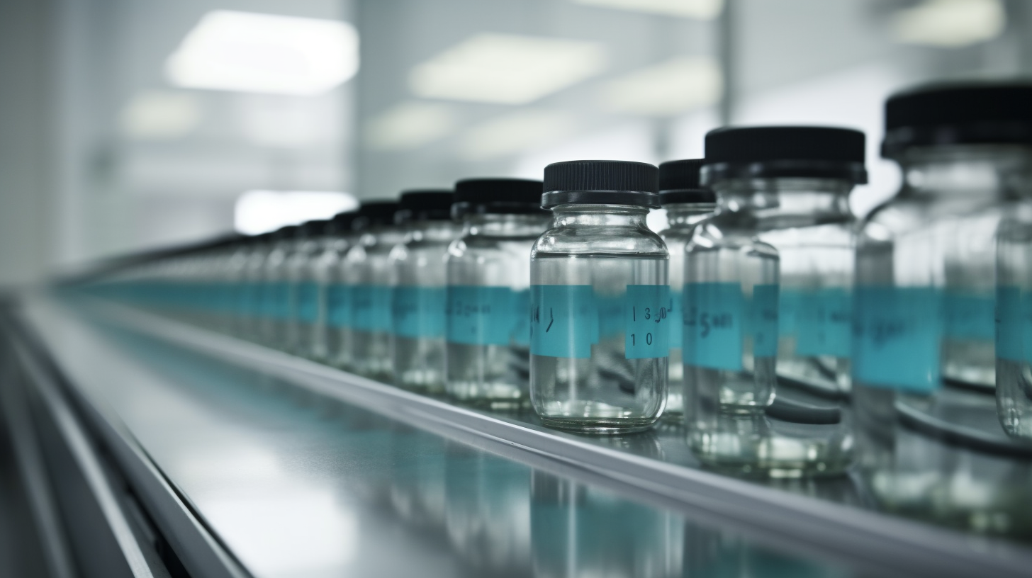 Close up of medicine bottles on conveyer belt