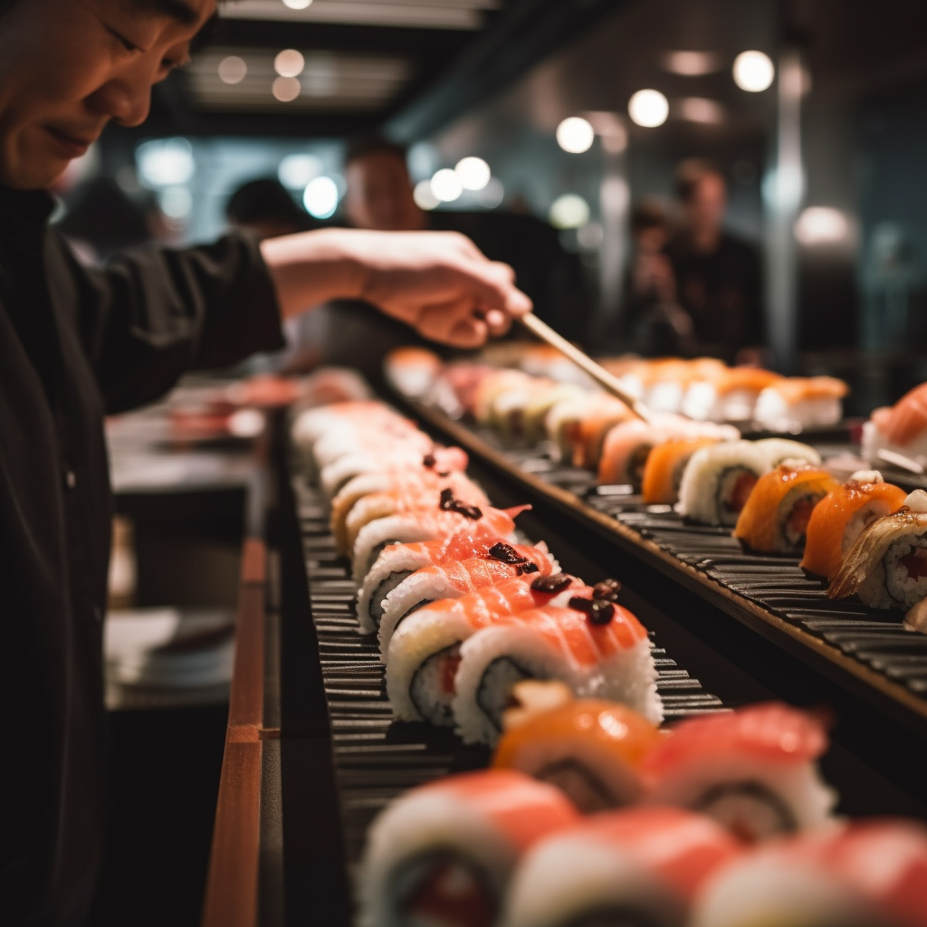 Friends enjoying sushi at conveyor belt restaurant