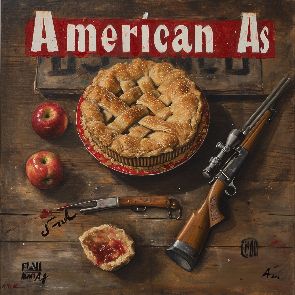 Vintage cookbook cover with apple pie and rifle