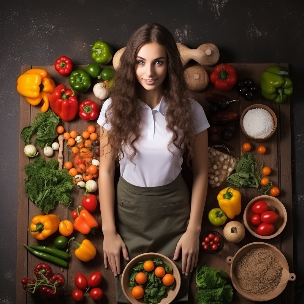 Cooking girl with fresh fruits and vegetables