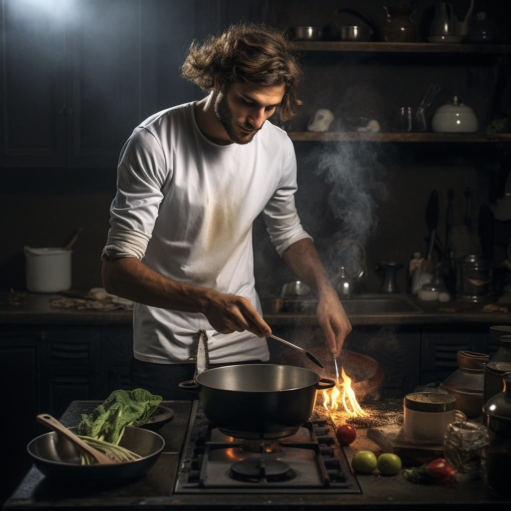 Man cooking in a white kitchen