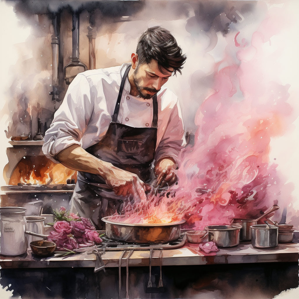 Cooking show with flambé in watercolor