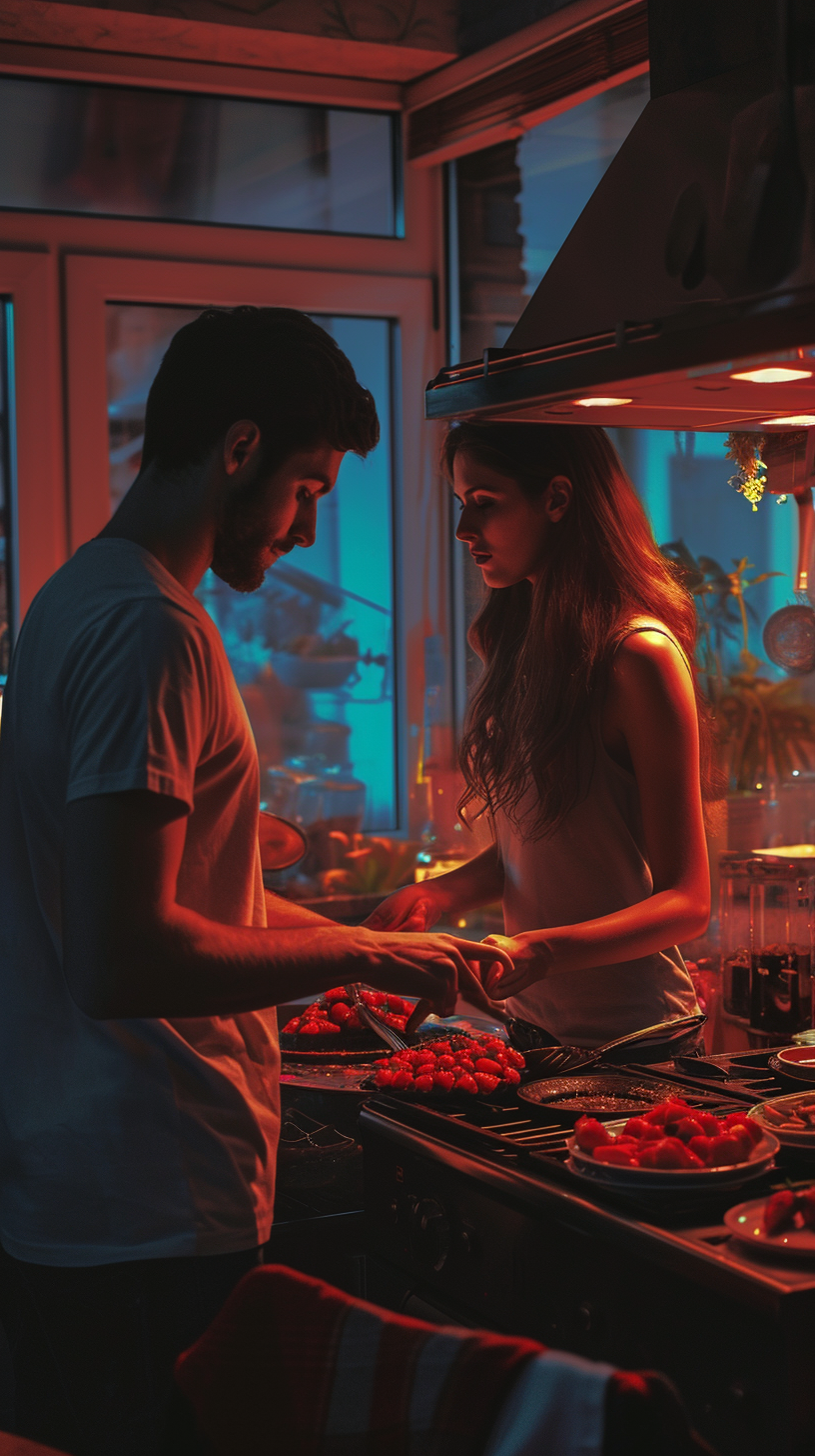 Modern Couple Cooking Strawberry Dessert