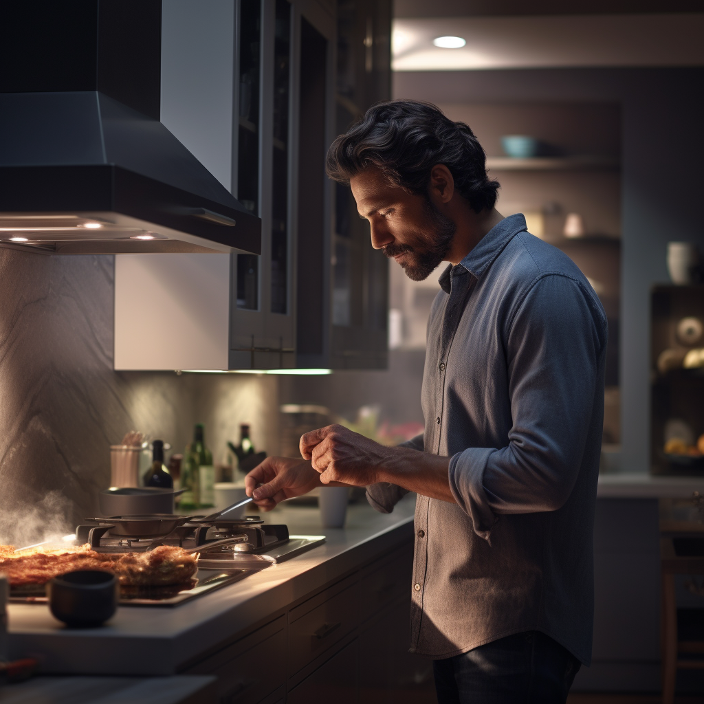 Mid-30s man cooking in modern kitchen