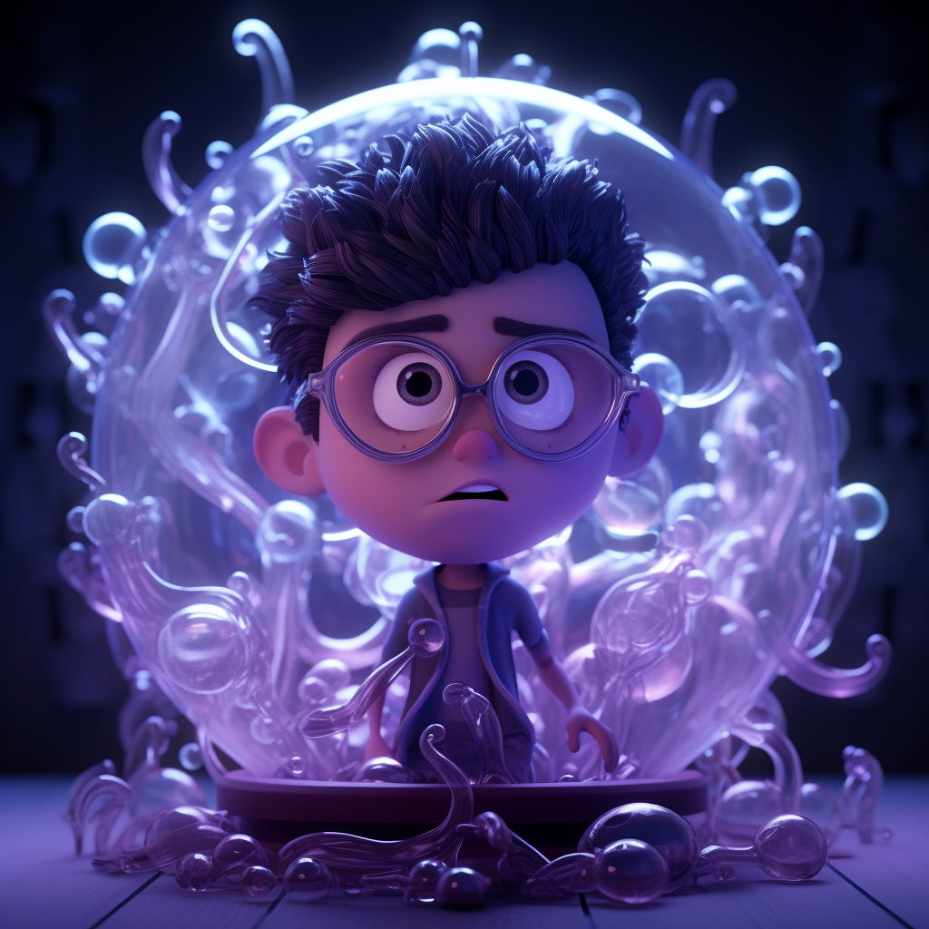 Cool 3D animated character with glass blobs