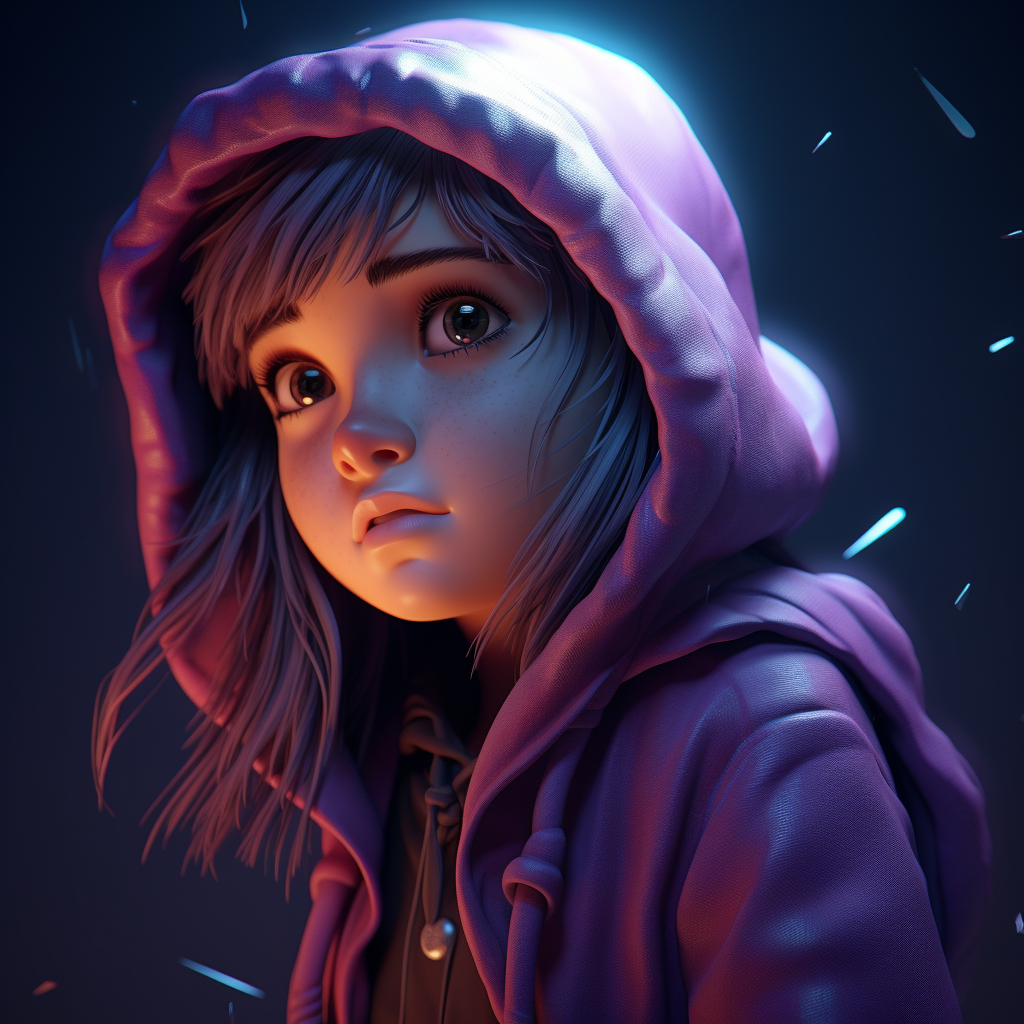 3D animated character in purple lighting