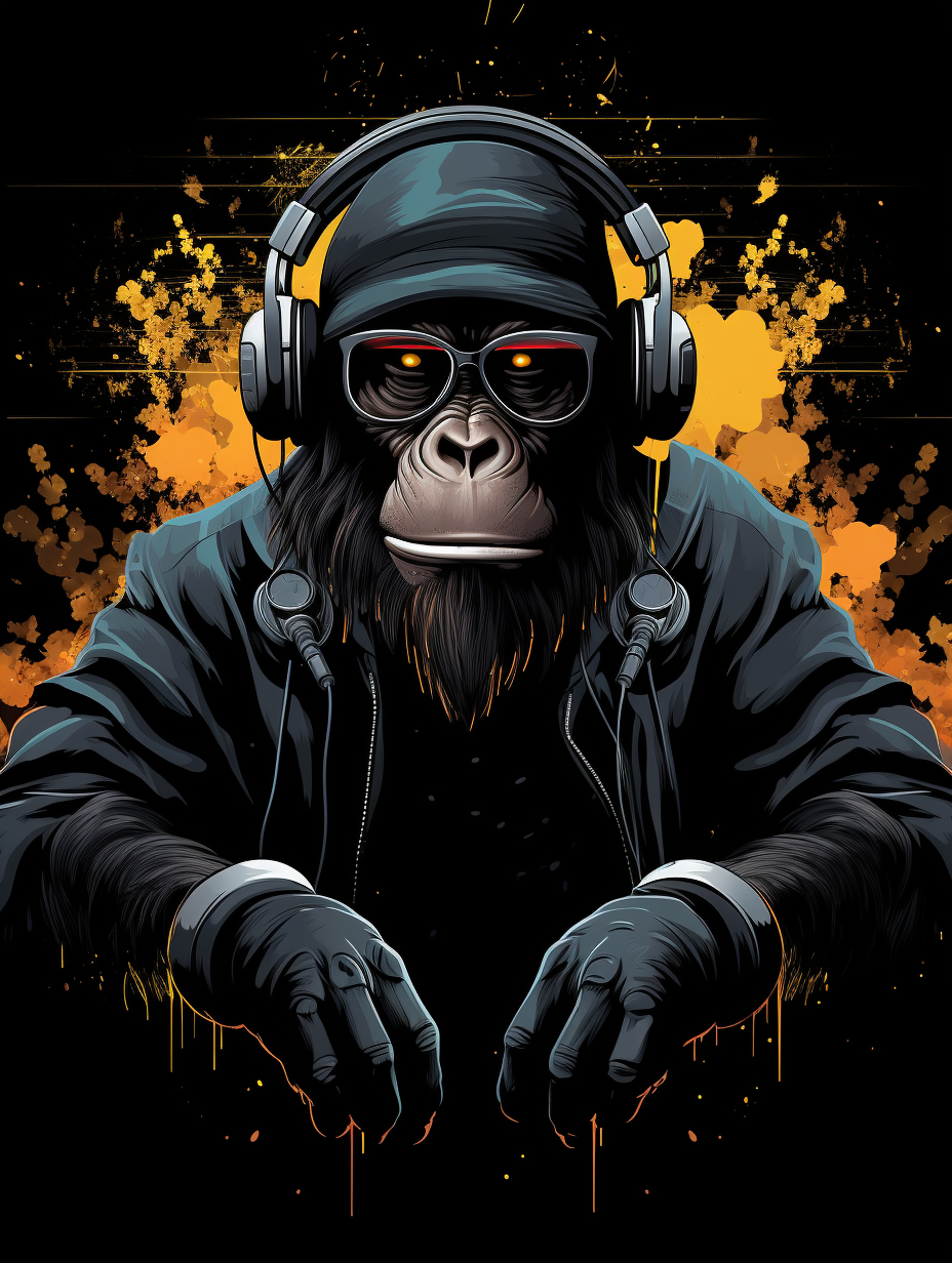 graphic t-shirt design of cool ape DJ