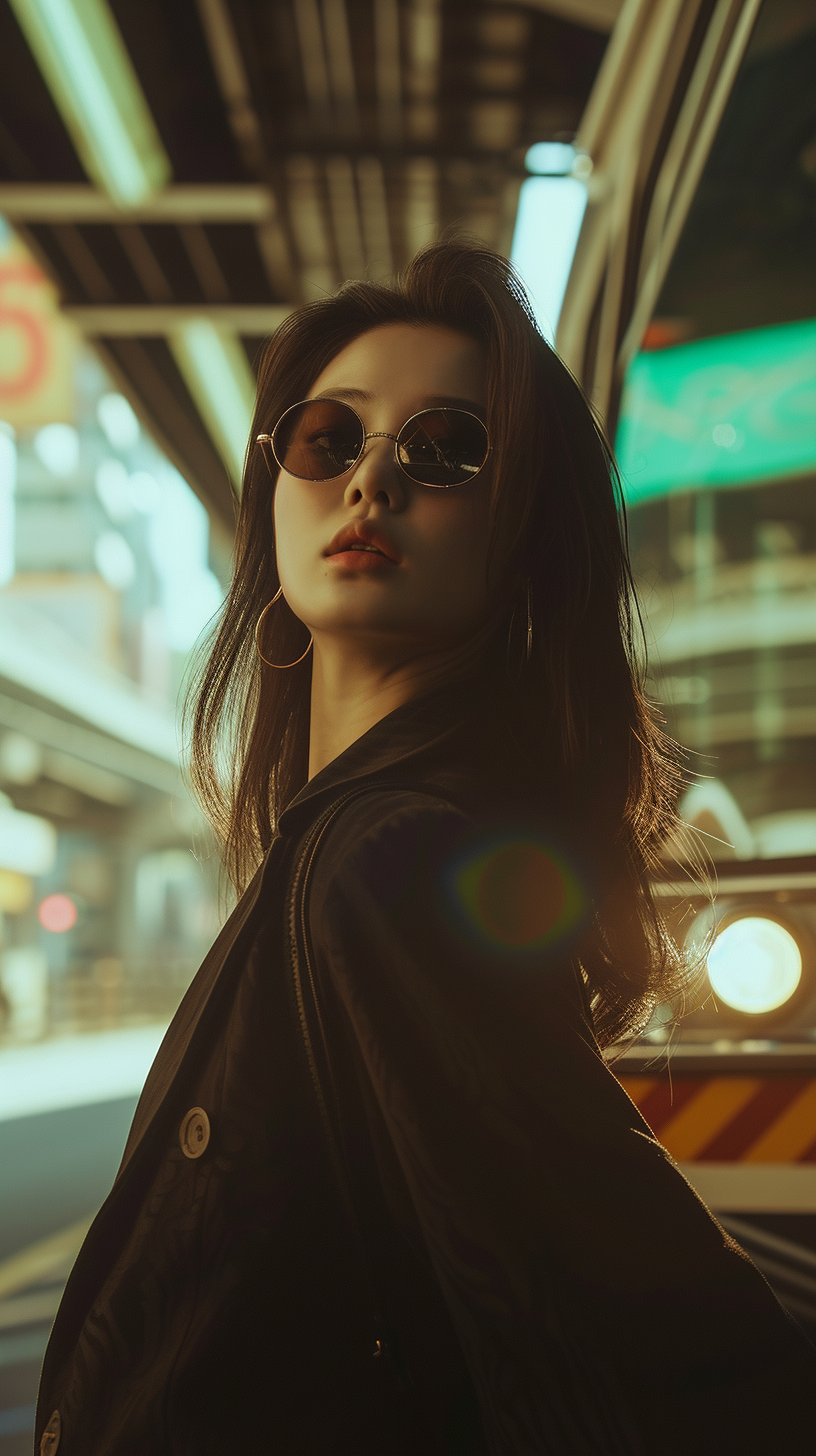 Asian woman road intersection skytrain fashion