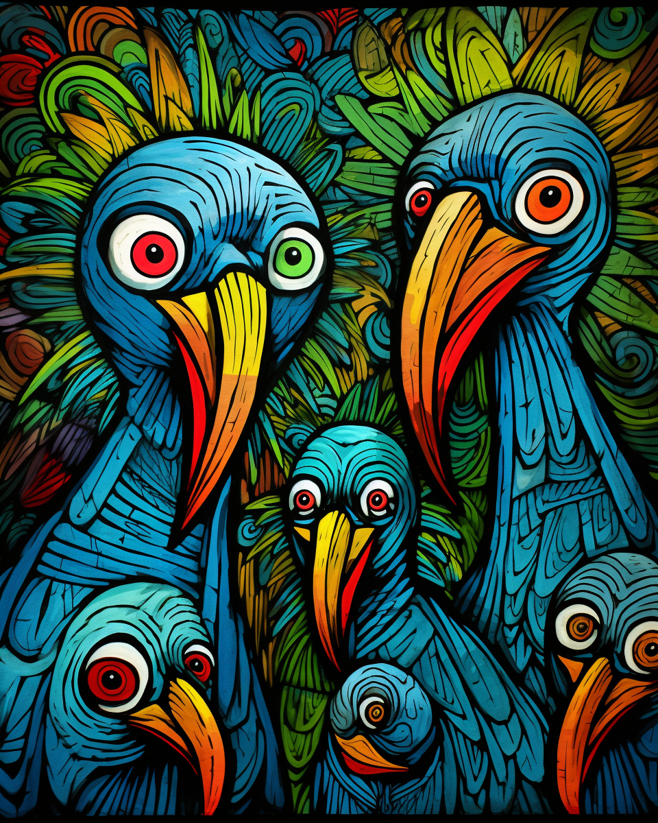 Colorful cartoon turkeys in cyan and neon green