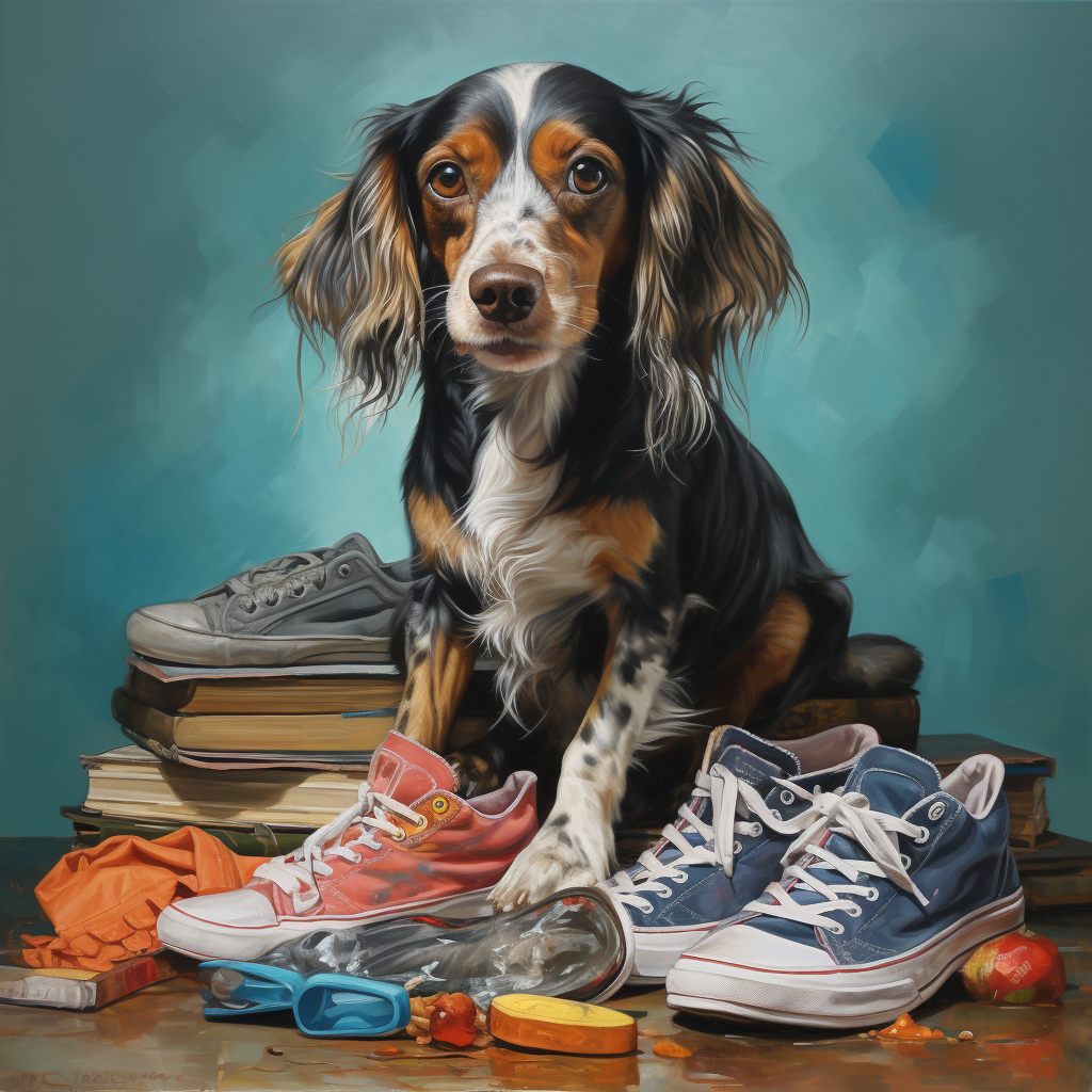 Cool dog eating sneakers photo