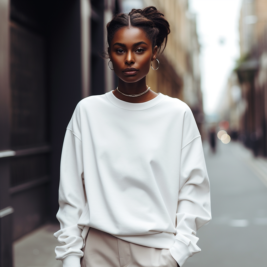 Fashionable girl with brown skin in white sweatshirt