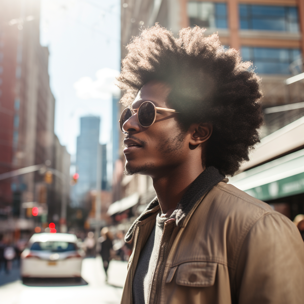 Cool guy with afro walking in New York City