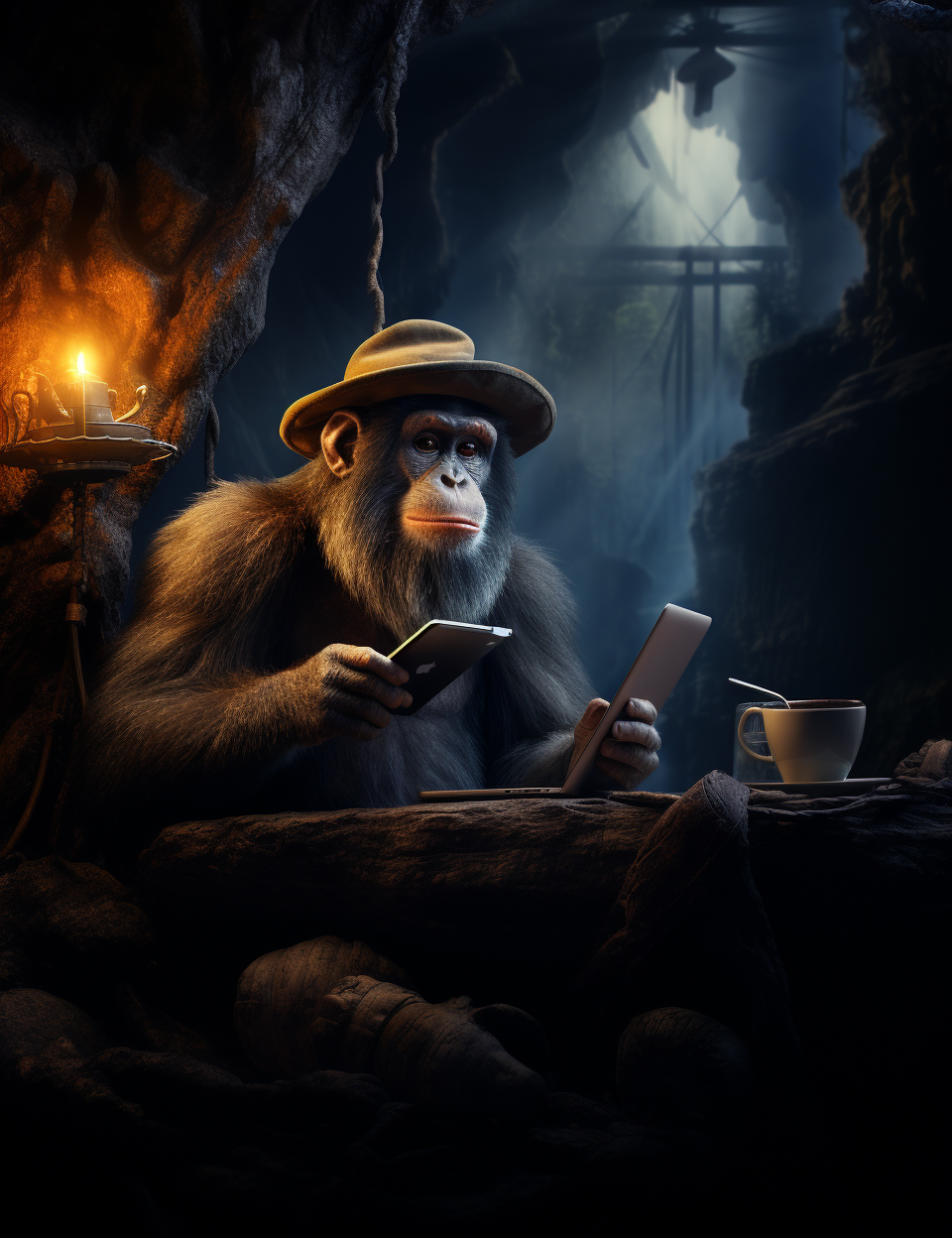 Cool Monkey with Hat and Glasses Browsing Internet