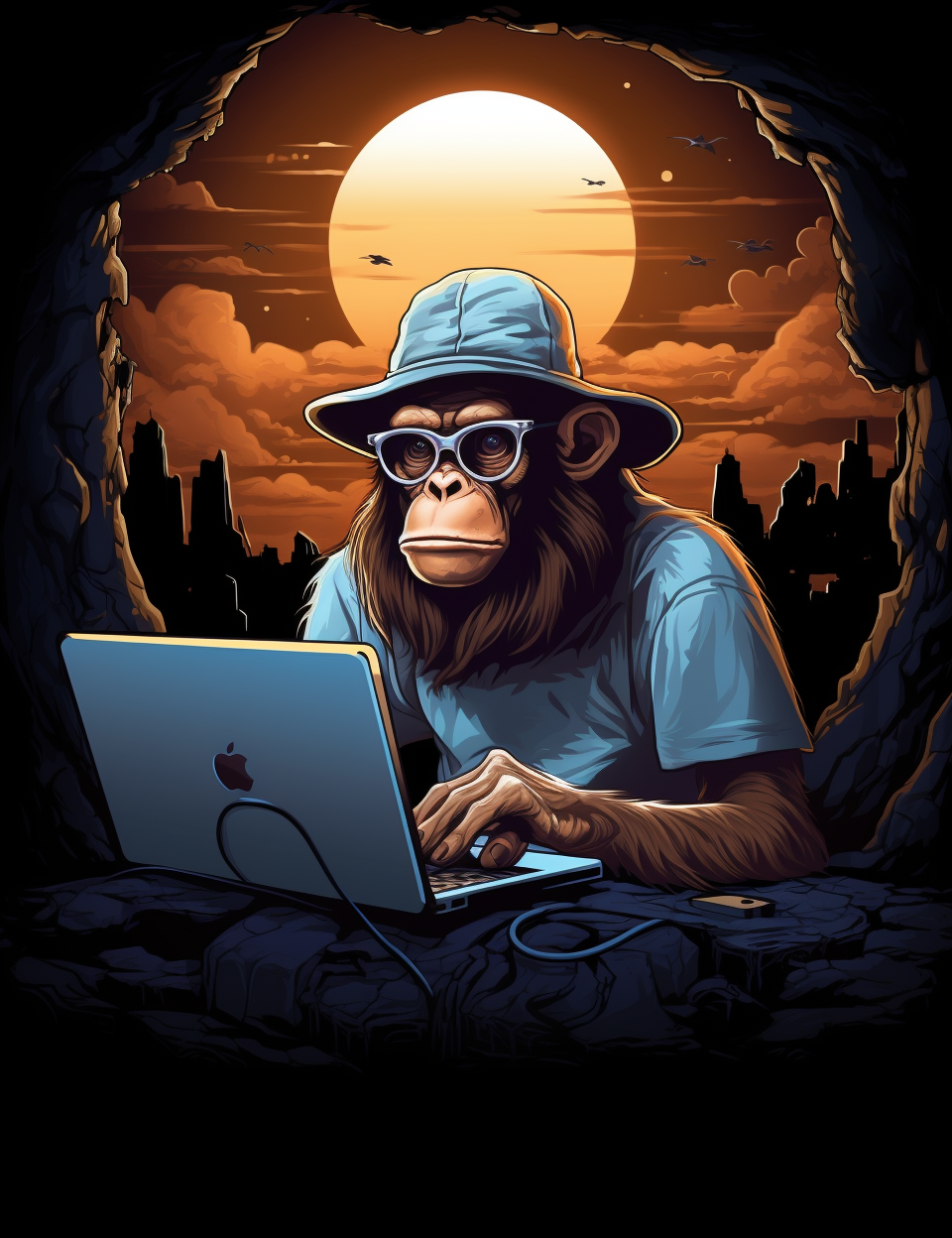 Cool monkey with laptop browsing internet